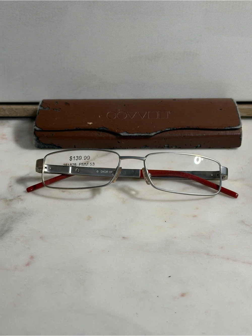 NWT Dior Homme Silver Rectangular Eyeglass Frames with Red Temples